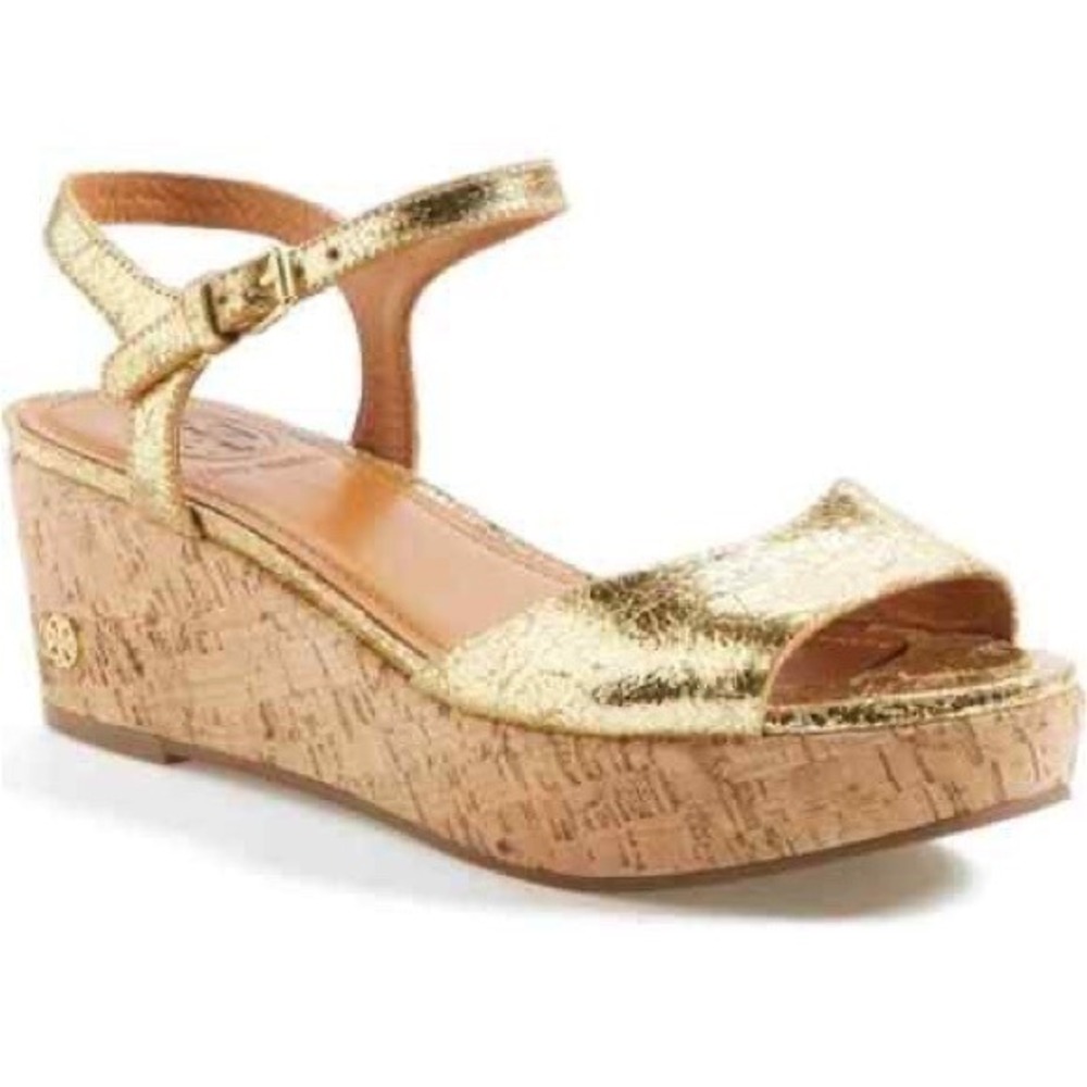 Tory Burch Wedge Platform Sandals Size 8 Abena Gold Wedge Designer Resortwear